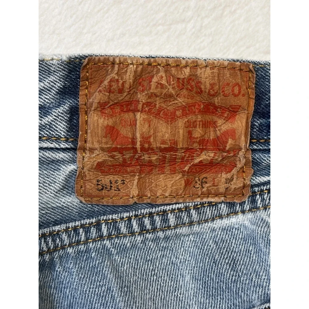 Levis 501 Jeans Mens Fit 36x28 Blue Denim Thrashed Straight Holes Raw‎ Hem